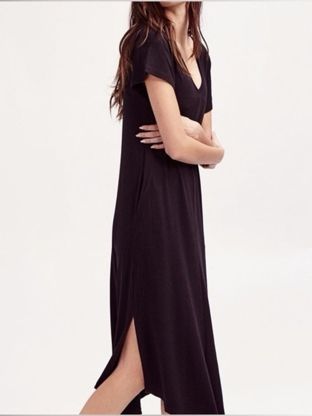 Smash + Tess Sunday Bamboo V-Neck Short Sleeve Midi Dress with Pockets Sz XS